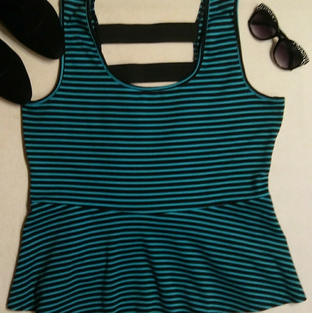 Teal and Black Striped Peplum Top w/Open Back Size